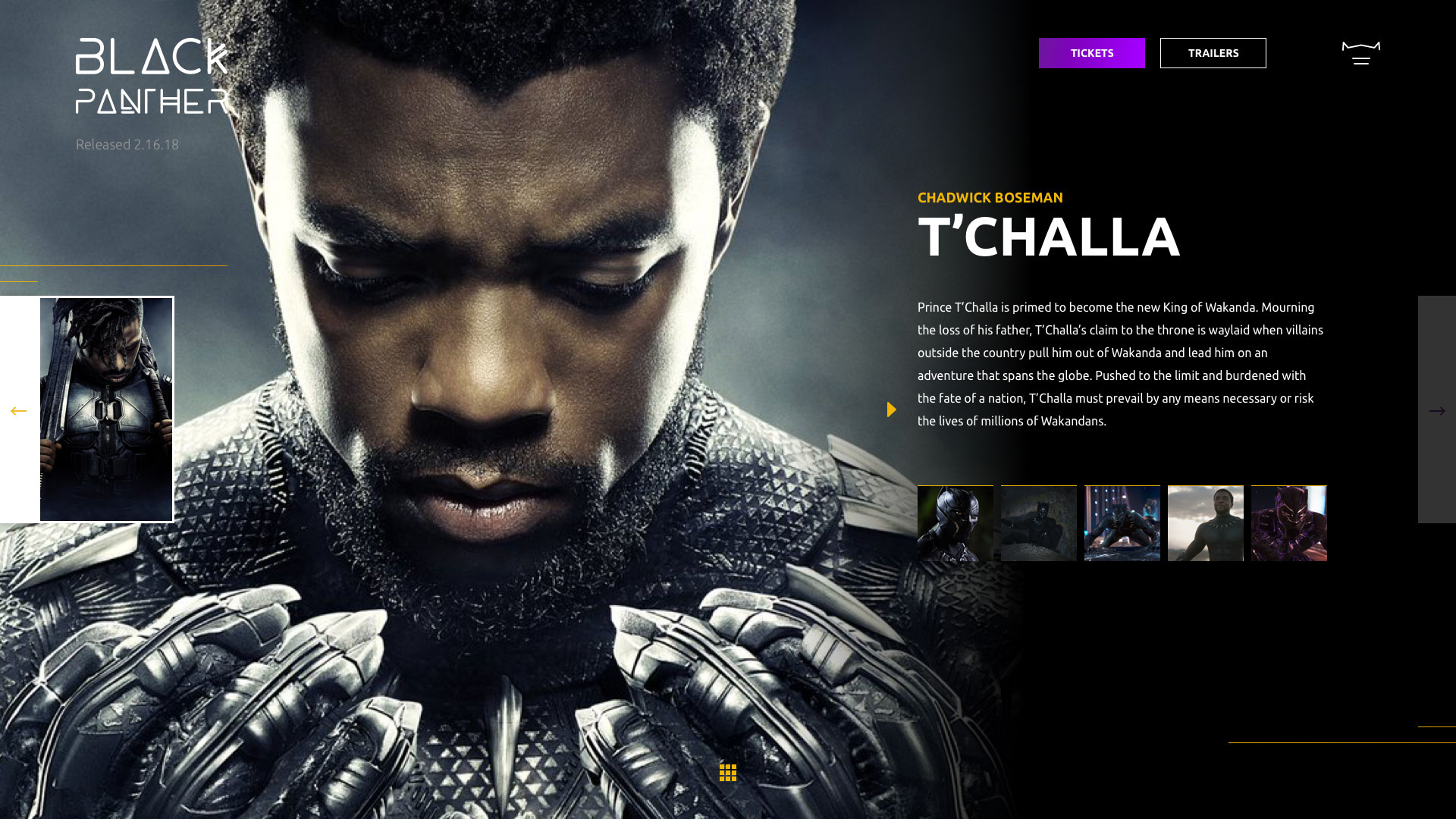 black panther web site character cast member tchalla chadwick boseman design left arrow hover mockup