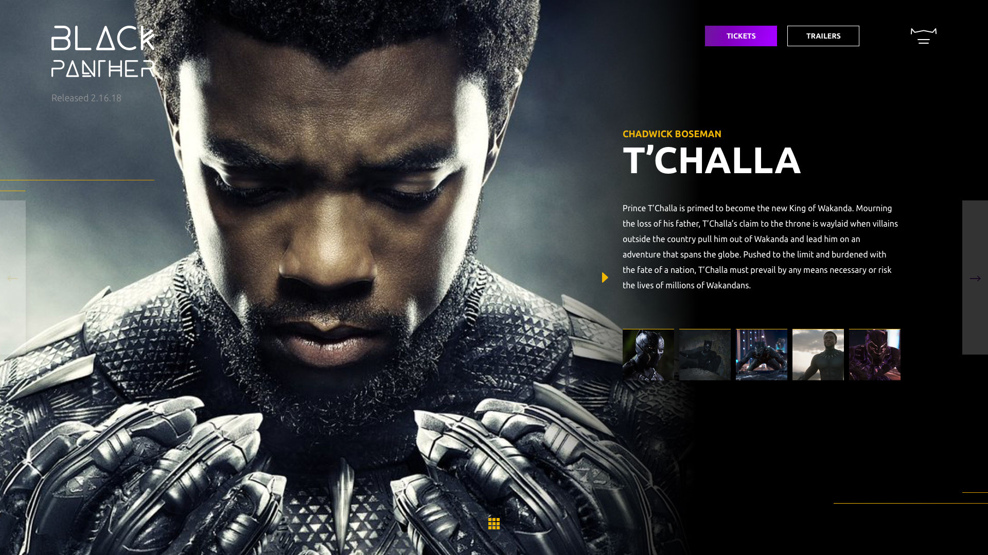 black panther web site character cast member tchalla chadwick boseman design mockup