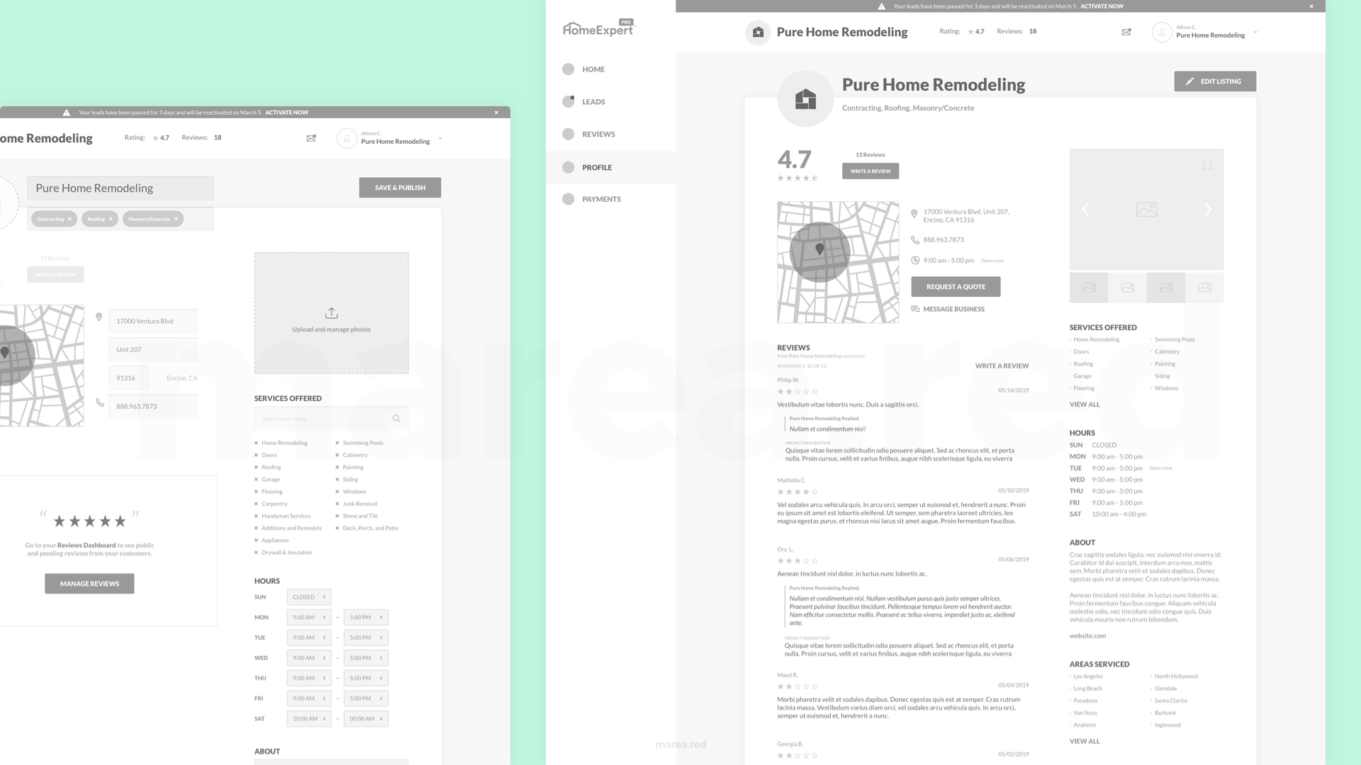 HomeExpert Web App Profile Wireframes